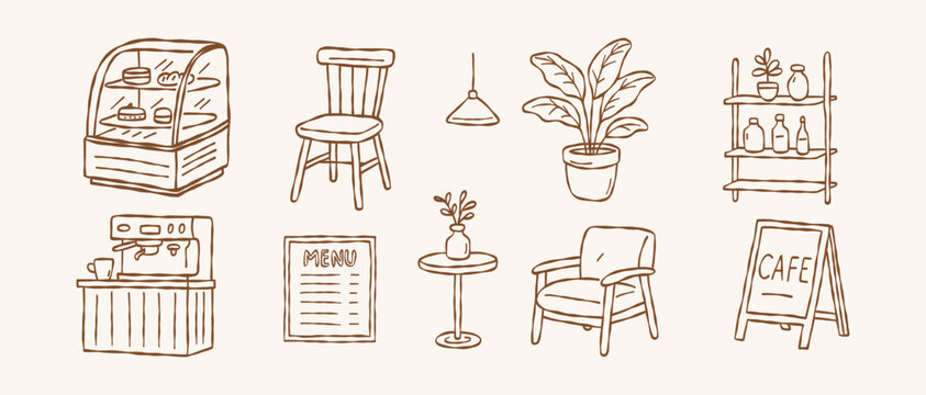 Hand drawn cafe icons set coffee shop furniture and equipment doodle collection minimalist vector illustration of bakery elements cozy interior design objects isolated brown line art