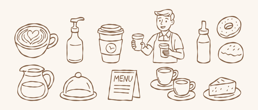 Hand drawn cafe icons set barista serving coffee takeaway cup and bakery doodle collection minimalist vector illustration of dessert elements isolated brown line art
