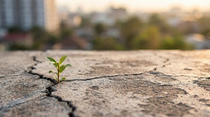 Resilient plant growing through cracked concrete in urban setting. Concrete surface shows cracks and a small green sprout emerging, symbolizing nature's persistence.