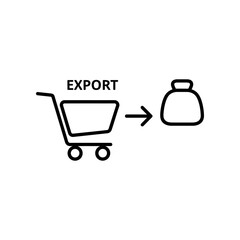 Simple line art illustration of a shopping cart labeled 'EXPORT' transferring goods to a money bag, symbolizing e-commerce and financial transactions.
