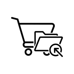 Simple black line art illustration of a shopping cart with documents and a refresh icon on a white background, symbolizing e-commerce and data update.