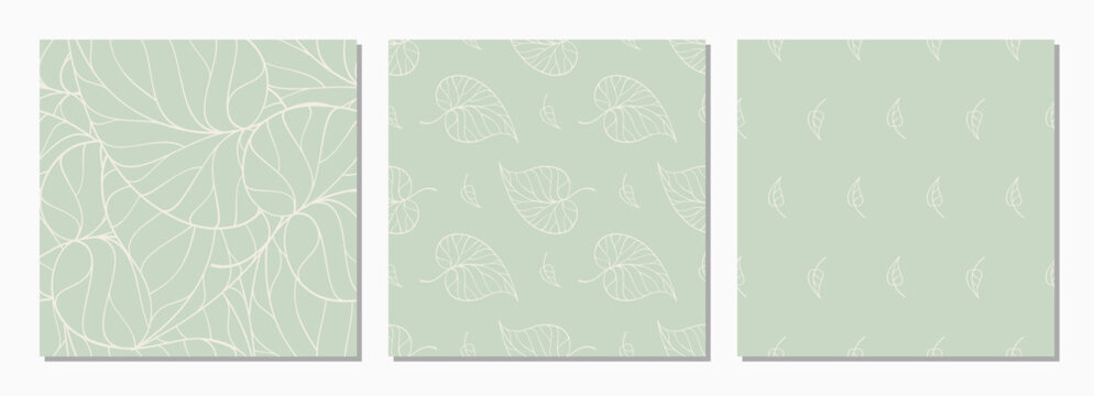 Minimal leaf seamless patterns. Sage green botanical background