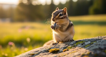 A chipmunk enjoys a sunflower seed on a mossy rock in a sunny park with bokeh background