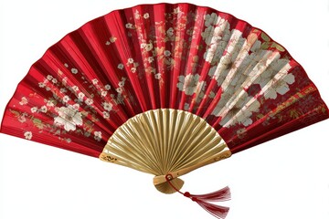 Detailed Shot of an Ornate Red Hand Fan with Floral Design and Gold Tassels Centered on a Clean White Background with Delicate Shadows