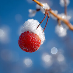 Bright red berries in winter, partially covered with white snow