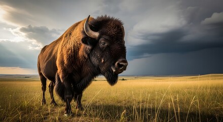 American bison standing majestically in a vast grassy field under a dramatic stormy sky with sun rays breaking through