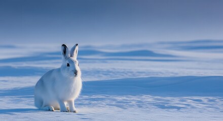 An arctic hare with pristine white fur sits in a vast snow-covered landscape under a clear blue sky