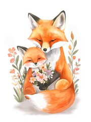 Fototapeta premium Cute watercolor fox mom with baby fox and spring flowers, nursery illustration, pastel children art