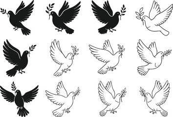 Obraz premium Dove bird silhouette vector set with olive branch showing black and outline flying peace symbols isolated on white background for spiritual and design use