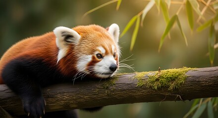 Close-up portrait of a red panda resting on mossy tree branch in lush green forest