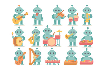 Obraz premium Robot musicians vector illustration for music themed design in cute flat style