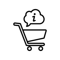 Minimalist black and white illustration of a shopping cart with a thought bubble lightbulb, symbolizing creative e-commerce and business innovation ideas.