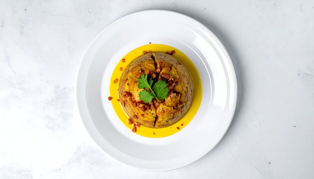 Overhead flat-lay of authentic Puerto Rican mofongo, a traditional dish made from fried green plantains mashed with garlic and pork cracklings
