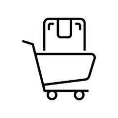 Minimalist black line art shopping cart with price tag, ideal for ecommerce websites, online sales, and digital marketing graphics.