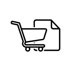 Minimalist line art illustration of a shopping cart with a document icon, symbolizing online shopping and e-commerce on a clean white background.