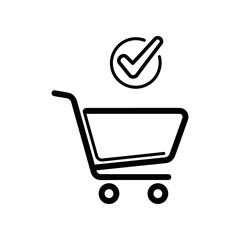 Simple black shopping cart icon with a checkmark above it on a white background, symbolizing ecommerce and approval.