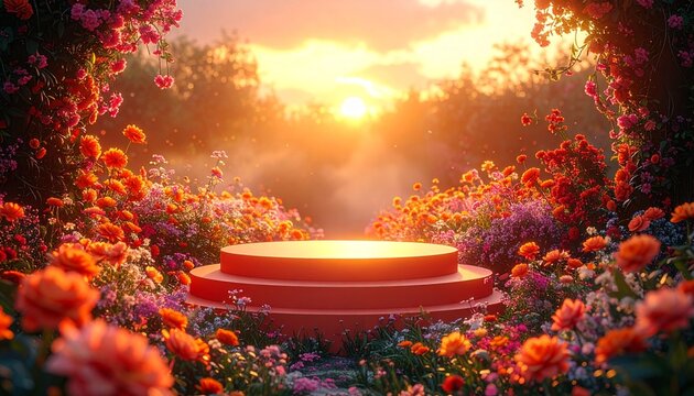 Vibrant garden with red circular platform at sunset, surrounded by colorful flowers