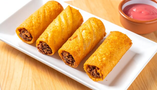 Overhead flat-lay of crispy golden alcapurrias, Puerto Rican fritters made from grated plantain and yaut&iacute;a dough filled with seasoned ground beef