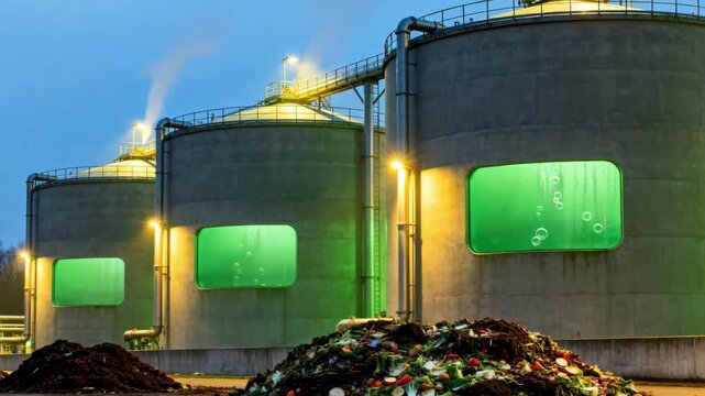 Medium shot showing large digesters at a biogas facility emphasizing methane gas production from organic waste under soft night lighting.