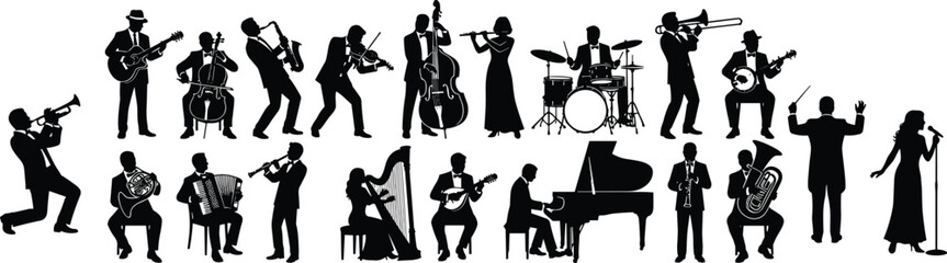 Orchestra and band musician silhouette collection featuring classical and jazz performers playing instruments in live concert performance poses isolated on white