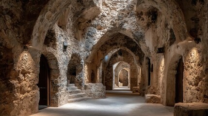 Atmospheric stone passageway inside a historic fortress with rough stone walls and arched openings letting natural light inside.