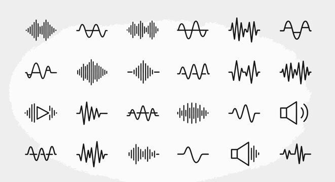 A collection of diverse audio waveform icons and sound frequency visualizations, including speaker symbols, on a light background.