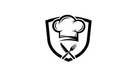 Black and white graphic logo featuring a chef's hat, crossed knife and fork, all contained within a shield emblem, symbolizing culinary excellence and protection.
