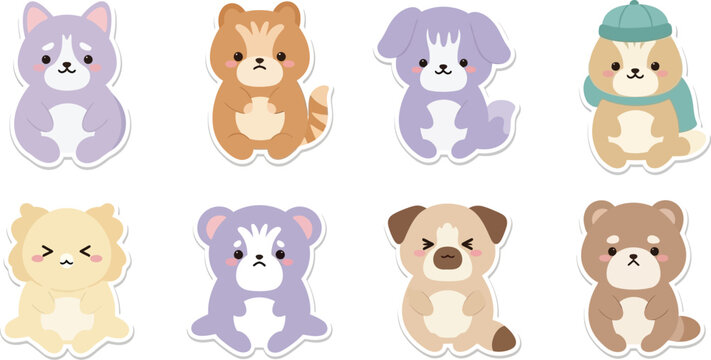 Cute collection of adorable chibi style puppy and kitten vector stickers