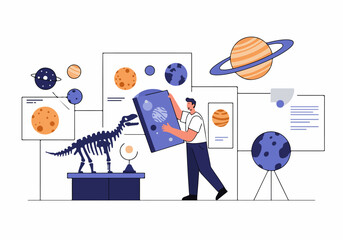 Scientific Exploration Display: Man learning about astronomy and paleontology, featuring planets and a dinosaur skeleton. © Nafa Project