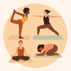 Fototapeta premium Diverse women practicing yoga in various poses on mats, calm atmosphere