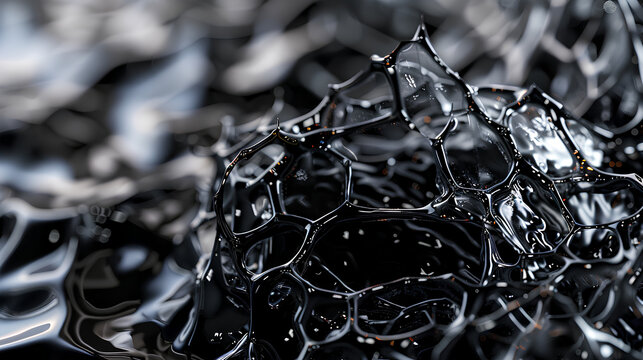 Abstract Black Liquid Mesh Structure, Futuristic Organic Nanotechnology Macro, Glossy Dark Fluid Voronoi Pattern 3D Rendering