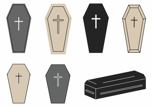 Vector set of coffins and caskets with cross symbols, illustrating death, burial, and funeral service concepts in various designs.