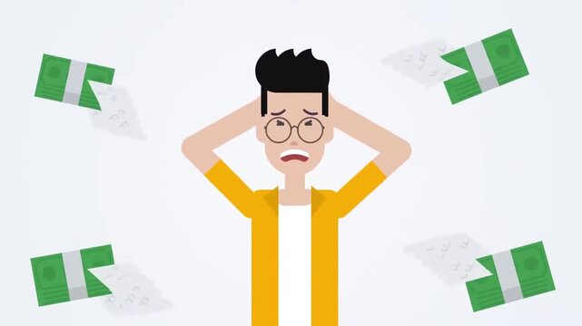 Stressed man with flying money animation, financial crisis and debt problem concept, business loss and economic pressure scene, 2D cartoon