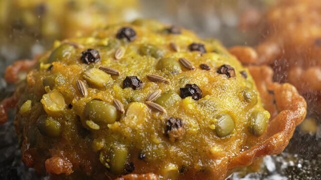 Close Up Of Golden Fried Pakora With Green Peas Black Peppercorns And Cumin Seeds On Top