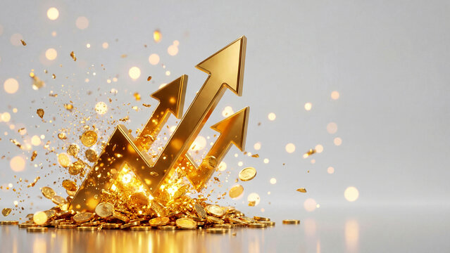 勢いよく弾ける金色の矢印と大量のコインがきらきらと舞う、金価格の上昇志向を象徴する画像です。金融金融や投資、ビジネスのプレゼン資料やWeb広告などにおいて、圧倒的な成長と確かな繁栄、そして未来への飛躍を力強くアピールできる素材です。