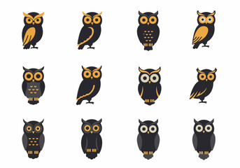 Obraz premium Set of dark, stylized owl icons featuring minimal flat design vectors in black and orange colors, suitable for logo and mascot creation.