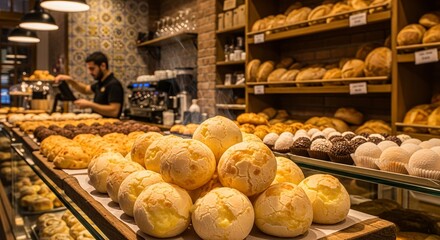 Assorted bread display in a bakery with a baker preparing food in the background