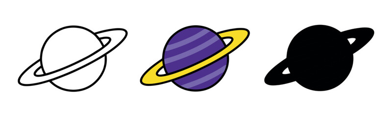 Saturn planet icons with rings in outline, purple and yellow flat, and black solid styles. Solar system symbols for astronomy and science. © Lili