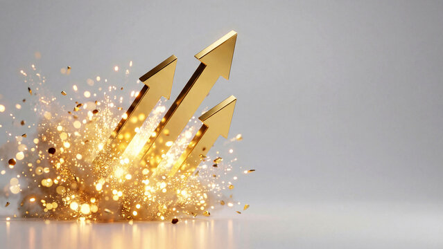 勢いよく弾ける金色の矢印と大量のコインがきらきらと舞う、金価格の上昇志向を象徴する画像です。金融金融や投資、ビジネスのプレゼン資料やWeb広告などにおいて、圧倒的な成長と確かな繁栄、そして未来への飛躍を力強くアピールできる素材です。