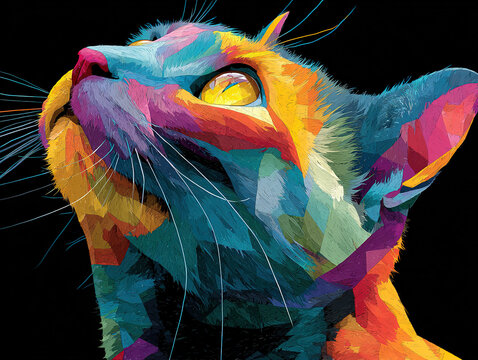 Colorful cat isolated on color background.