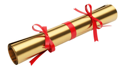 Gold diploma scroll with red ribbons tied scroll rolled paper isolated on a transparent background