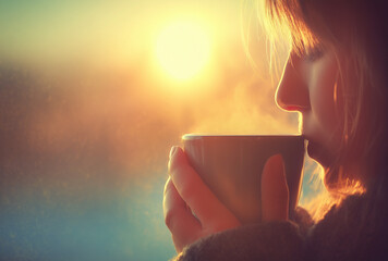  a woman drinking coffee at sunrise