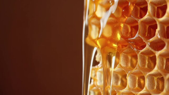 Golden Honey Dripping from Honeycomb Cells in Slow Motion, symbolizing abundance and natural sweetness