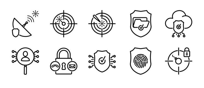 AI Cybersecurity System Flow Vector Outline Icon Set  featuring AI threat detection, cyber risk monitoring, encryption shield, secure cloud, identity verification, authentication and fraud prevention
