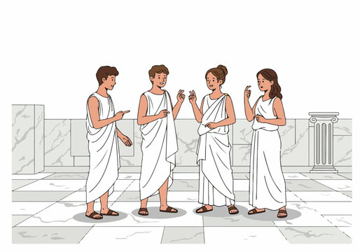 Group of Ancient Greek or Roman Citizens in Togas Discussing Outdoors in a Classical Architectural Setting.