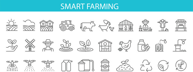 Agriculture and smart farming line icon set with tractor, barn, livestock, drone spraying, greenhouse and organic production outline vector collection © icons world