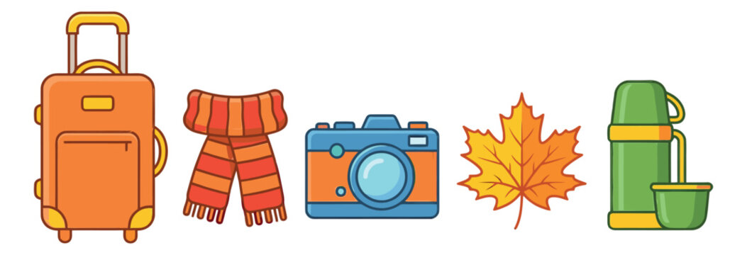 Flat line art autumn essentials set featuring a suitcase, scarf, camera, maple leaf, and thermos for travel