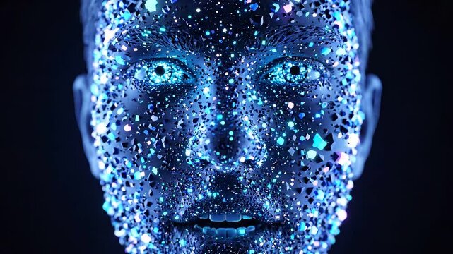 Abstract portrait illuminated face glowing eyes digital art