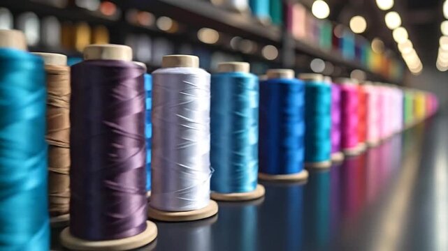 Vibrant spools of thread arranged in a row, showcasing a spectrum of colors and textures.