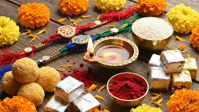 Traditional Indian Festival Sweets with Diya Lamp and Rice Decoration &ndash; Diwali Celebration Background Video